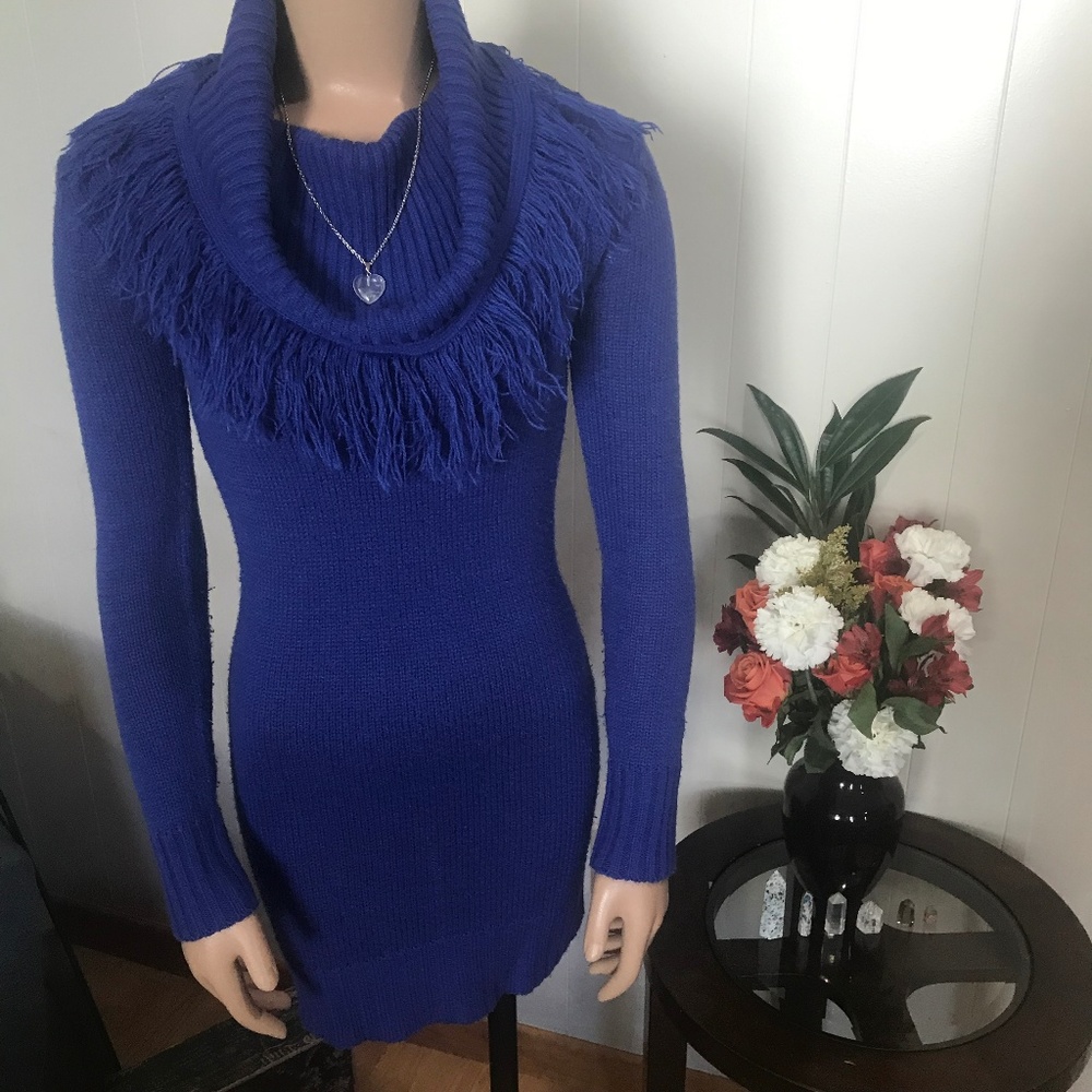 Red Pain Blue Sweater Dress w/ Fringe Collar